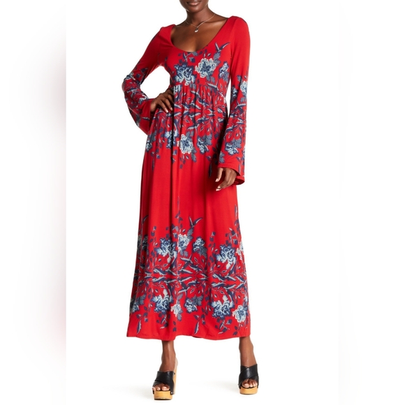 Free People midnight garden red floral maxi dress bell sleeves size small - Picture 2 of 13